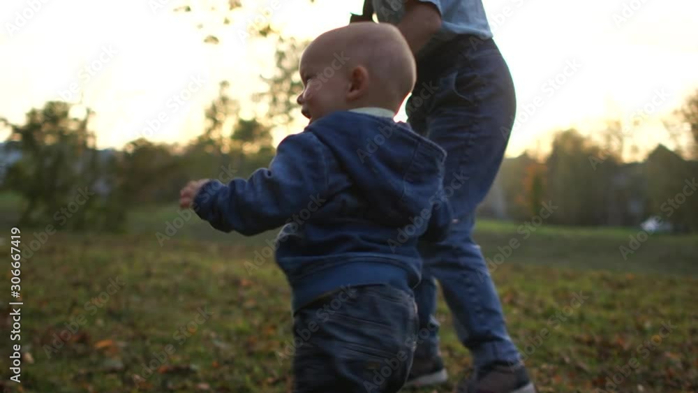Family walking a pet. A young mother and baby in the autumn park in the evening play with their black and white dog Family walking a pet. A young mother and baby in the autumn park in the evening play with their black and white dog