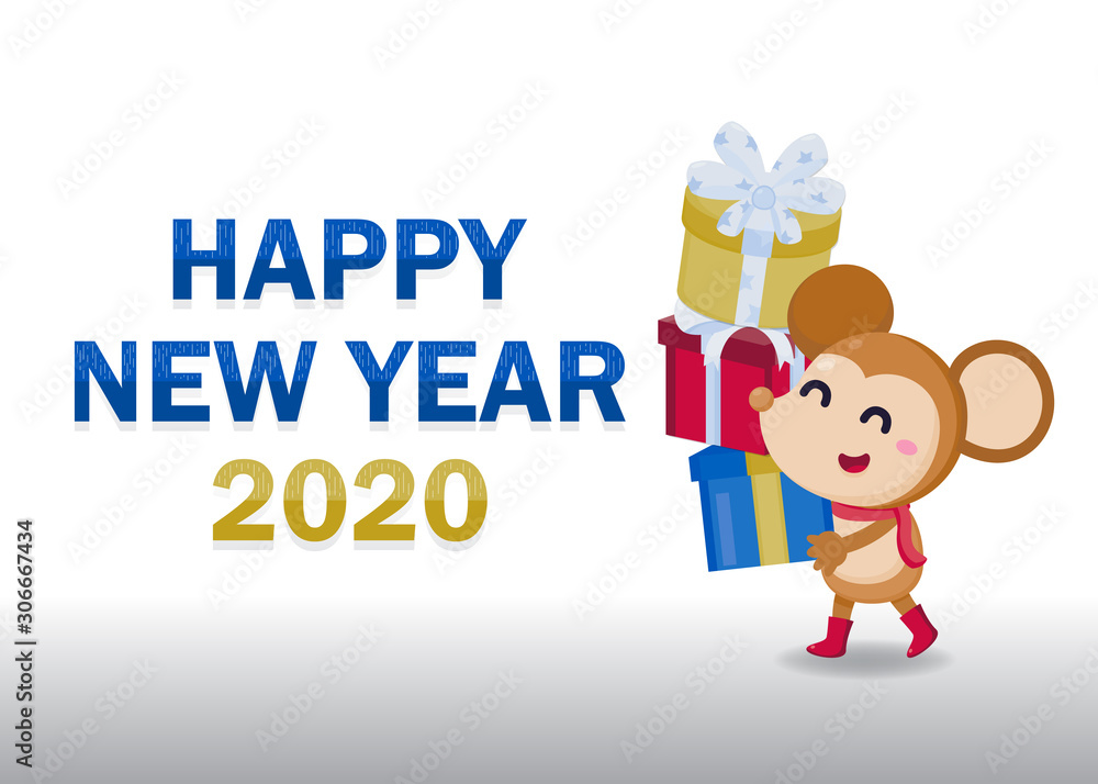 Happy New Year Greeting card 2020 with cute rats on white background. Celebrate with rat year. Happy New Year Greeting card 2020 with cute rats on white background. Celebrate with rat year.