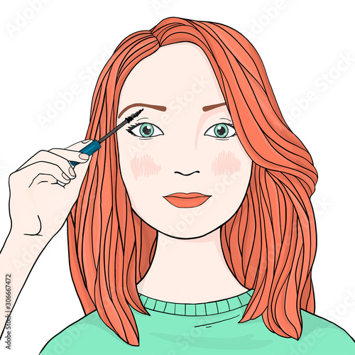 Beautiful woman with long orange hair will brighten up her eyelashes.