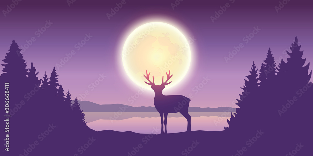 lonely reindeer in forest at full moon by the lake vector illustration EPS10