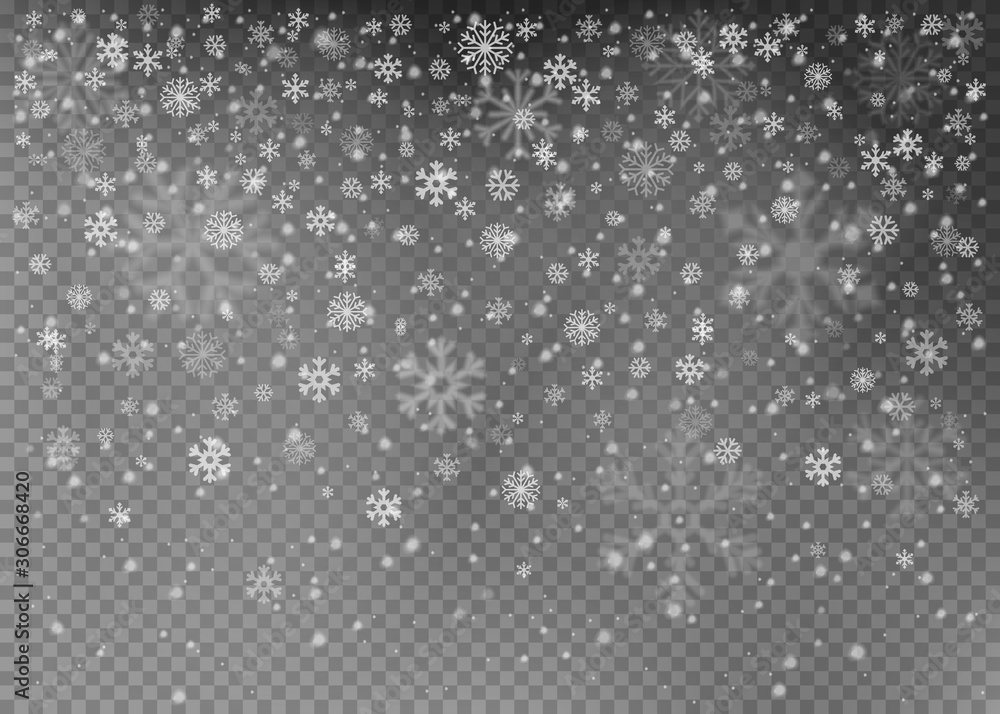 Christmas falling snow vector isolated on dark background. Snowflake transparent decoration effect. Vector illustration. - obrazy, fototapety, plakaty 