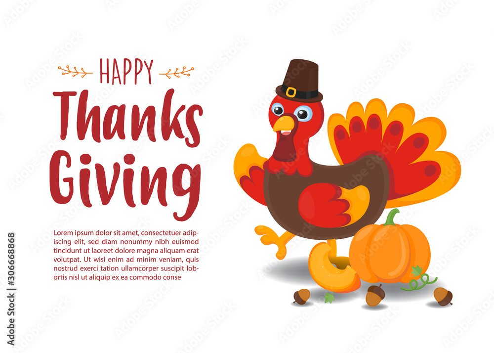 Obraz premium Happy Thanks Giving greeting card. Cute Turkey with red autumn background. 