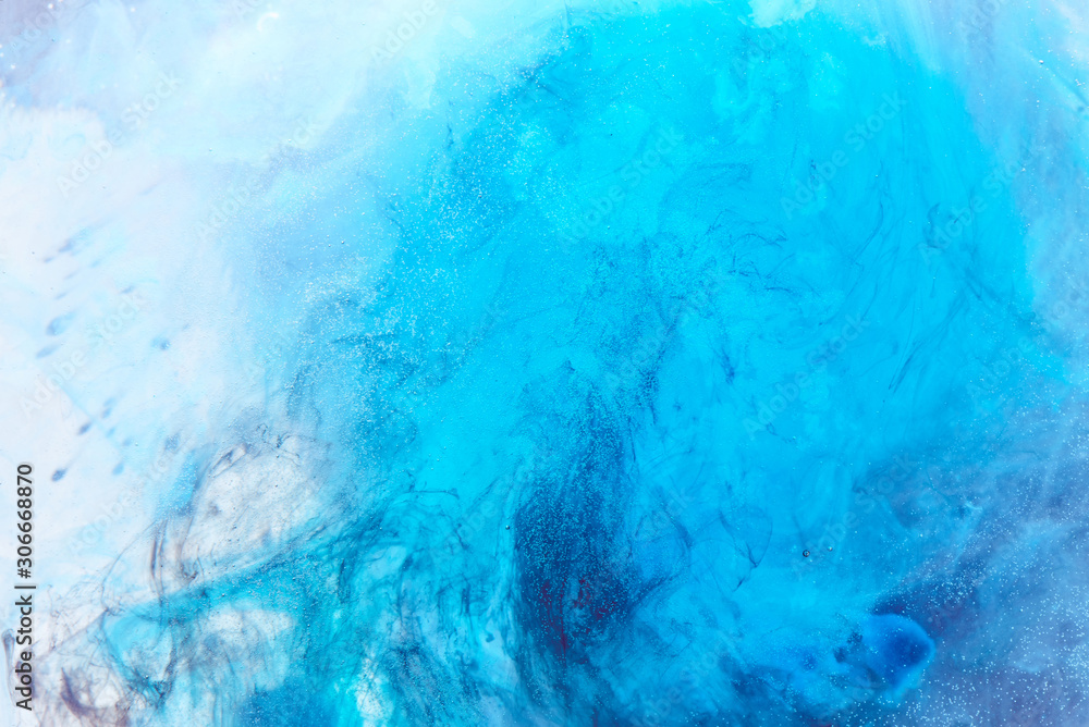 Abstract liquid blue ocean background with bubbles. Fresh underwater paints backdrop