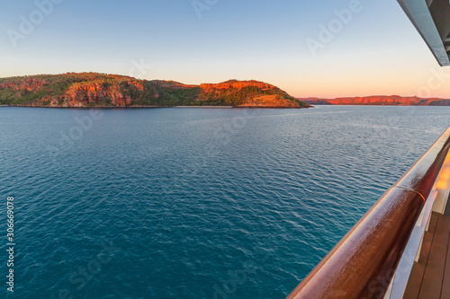 Sunset view of Prince Frederick Harbor in the remote Kimberley coast of Western Australia from the deck of an anchored expedition cruise ship.