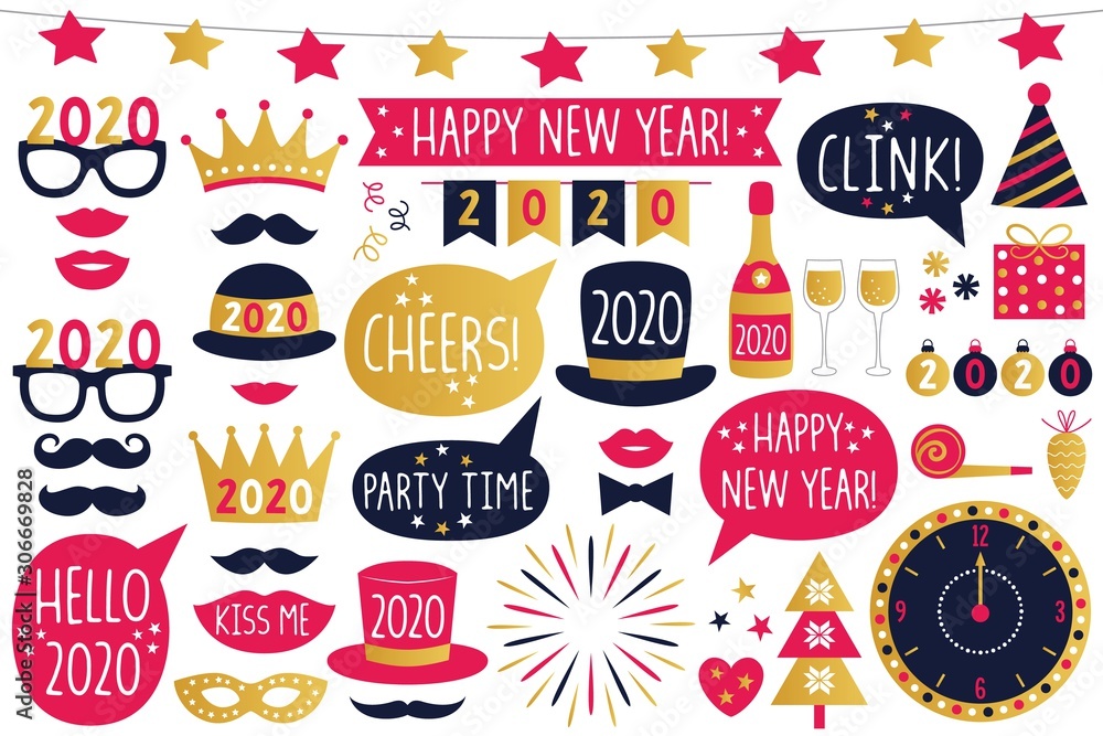 Happy New Year 2020 vector party signs and photo booth props, isolated on white - obrazy, fototapety, plakaty 