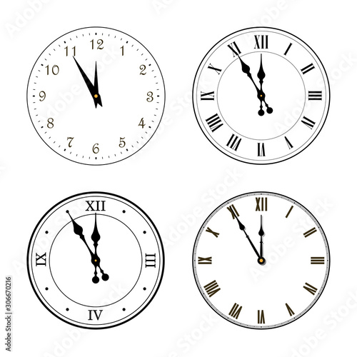 Happy New year 2020. Black clock, arrows, isolated on white background. Blurred design holiday banner, Christmas celebration party, poster. Templates set for decoration card. Vector illustration