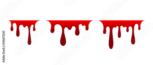 Blood drip set. Drop blood isloated white background. Happy Halloween decoration design. Red splatter stain splash spot, horror blot. Bleeding bloodstain scare texture Liquid paint. Vector illustraton