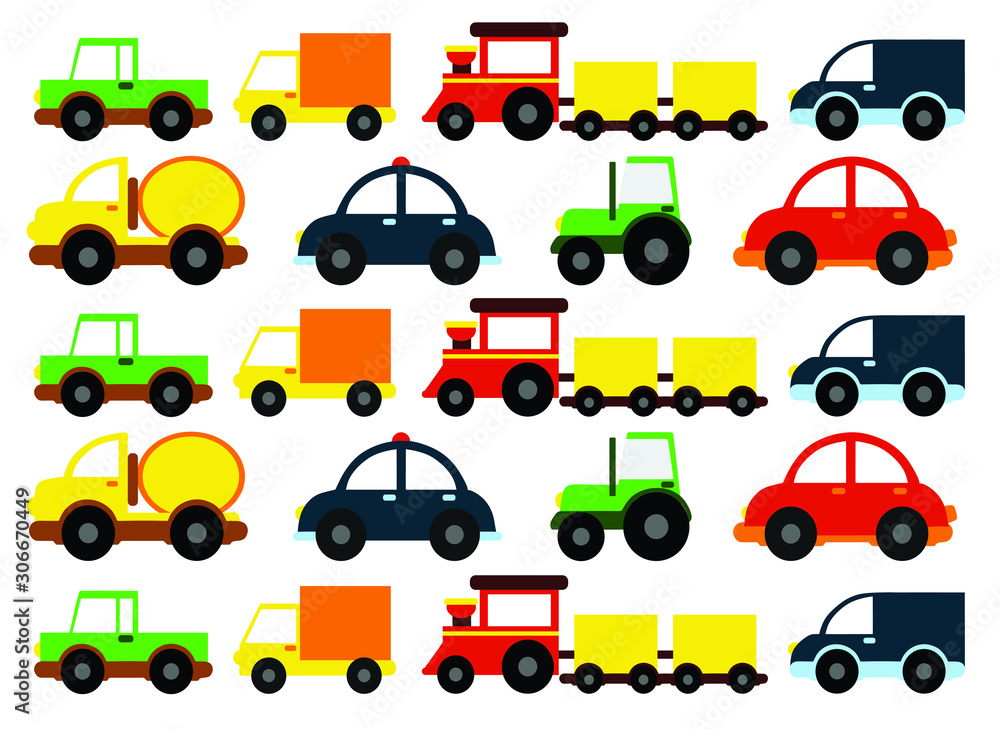 vector illustration, pattern with cartoon colored cars (red, blue, green, yellow)