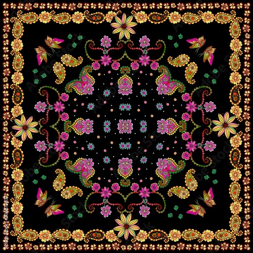 Beautiful bandana print with ornament in ethnic style. Fashionable square scarf with oriental motifs. Cushion, rug, napkin.