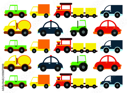 vector illustration, pattern with cartoon colored cars (red, blue, green, yellow) © Anastasiya