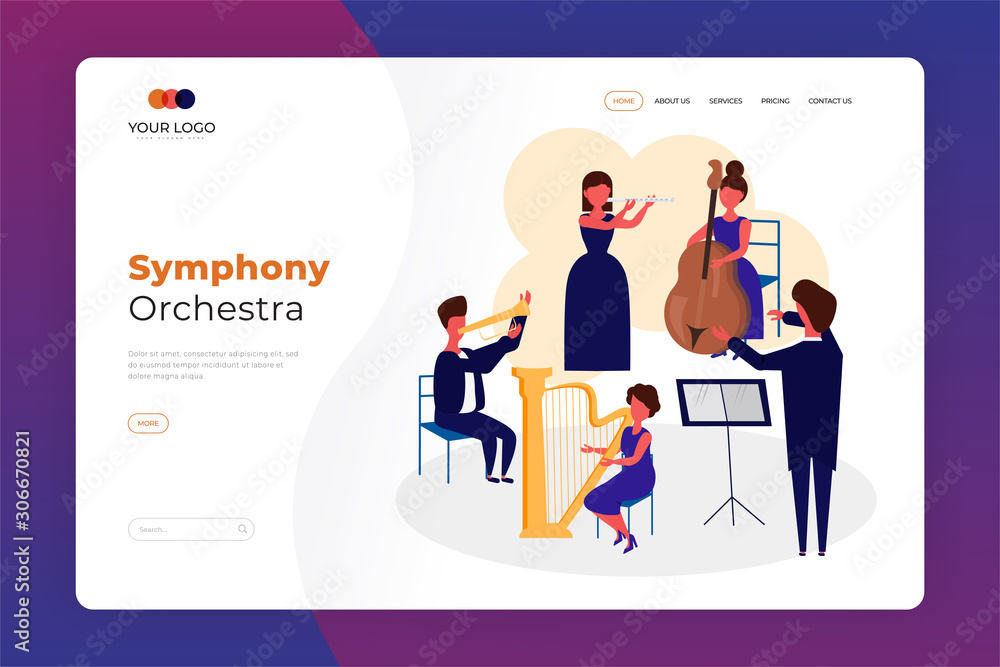 Symphony Orchestra Playing Classical Music at Concert Landing Page Design. Conductor and Musicians with Instruments Performing on Stage Concept Vector Illustratiob. Symphony Web Page And Banner Symphony Orchestra Playing Classical Music at Concert Landing Page Design. Conductor and Musicians with Instruments Performing on Stage Concept Vector Illustratiob. Symphony Web Page And Banner