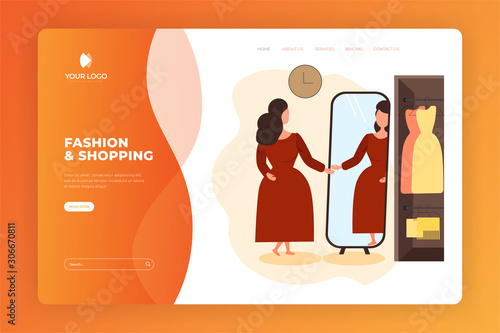 Young Girl Fitting Dress Behind Mirror Landing Page Design. Female Try On Fashioned Dress in Store Concept Vector Illustration. Girl Buying Garment Standing Near Cupboard Web Site Template Banner