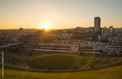 The sun setting over the city of Sheffield in South Yorkshire, UK © Luke