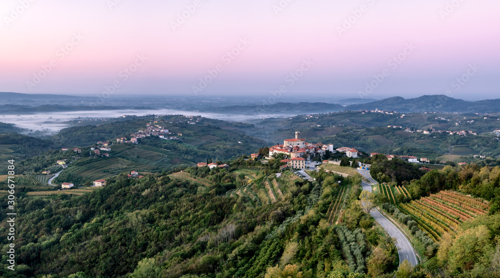 Goriska Brda a famous wine region of Slovenia located near Italy. Sunrise and sunset looking over Smartno village 