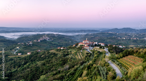Goriska Brda a famous wine region of Slovenia located near Italy. Sunrise and sunset looking over Smartno village 