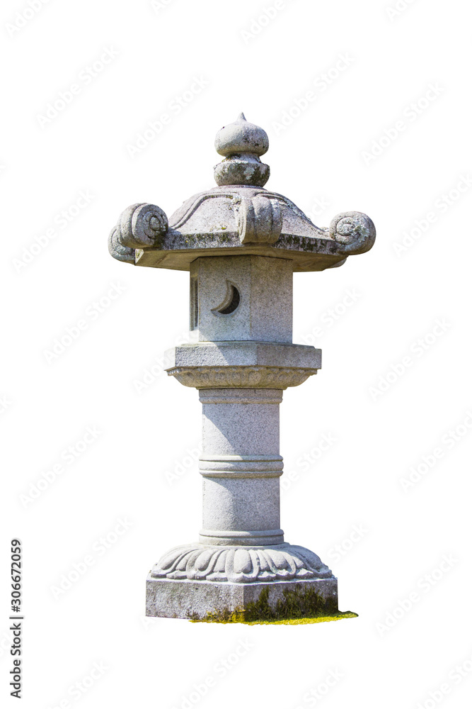 Stone lantern in Japanese botanical zen isolated on white background. Stone lantern in Japanese botanical zen isolated on white background.
