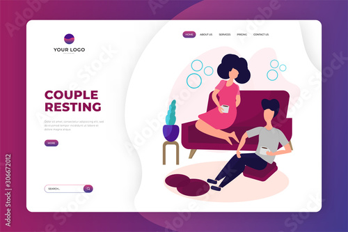 Young Couple Relaxing Landing Page Template Design. Characters Drinks Tea or Coffee Concept Vector Illustration. Couple Sitting on Comfortable Couch at Restroom. People Leisure Lifestyle Web Banner