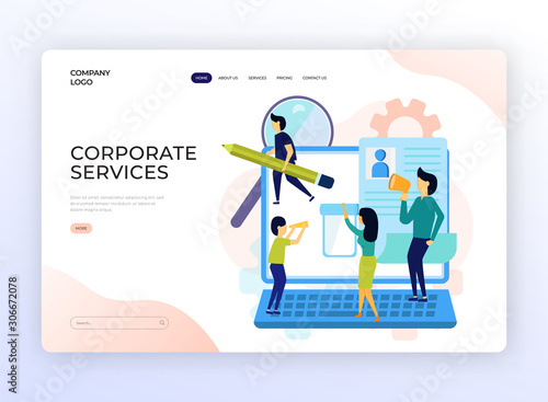 Corporate Services Landing Page Design. Website Home Page Design for business, HR, Human Resources, Vacancy, Research, Employment Survey Service. Team Working on Laptop Vector Illustration