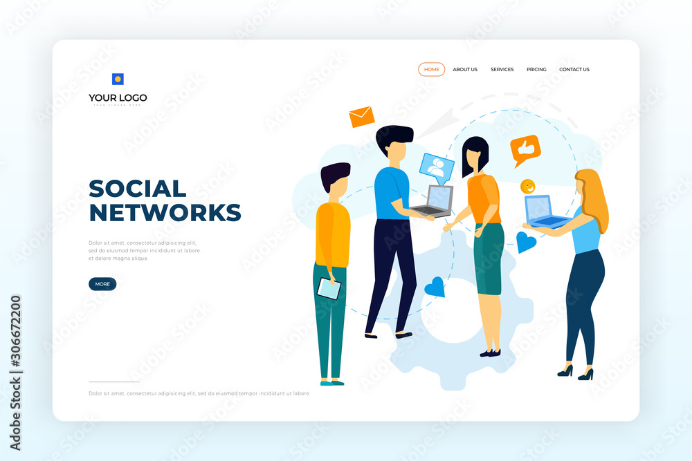 Social Networks Landing Page Design. Social Media Marketing Concept Vector Illustration. People Characters Connection Networks Web Site Design. Man and Woman Characters with Laptops Discussion Social Networks Landing Page Design. Social Media Marketing Concept Vector Illustration. People Characters Connection Networks Web Site Design. Man and Woman Characters with Laptops Discussion