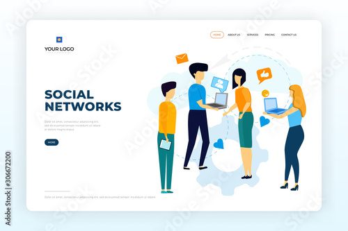 Social Networks Landing Page Design. Social Media Marketing Concept Vector Illustration. People Characters Connection Networks Web Site Design. Man and Woman Characters with Laptops Discussion