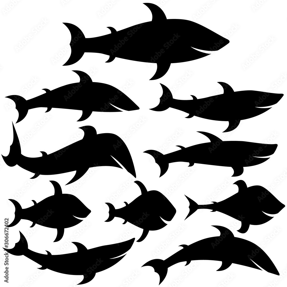 Fototapeta premium Set of silhouettes of fish of different shapes and types. Emotional characters. Vector illustrations.