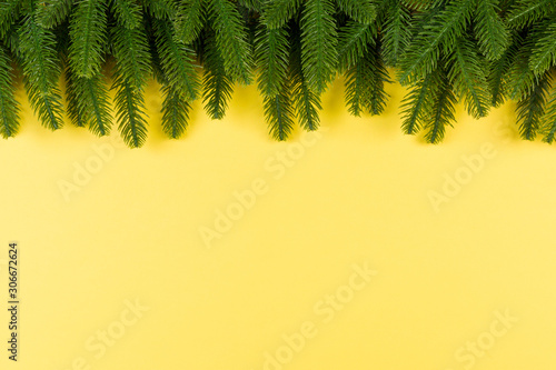 Top view of frame made of fir tree on colorful background with copy space. Merry Christmas concept