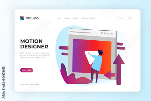 Motion designer landing page design. Video effect and motiongraphic desig concept vector illustration. Character man with video player element at computer web page design
