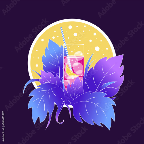 Tropical cocktail pina colada in a yellow circle frame round with leaves of ice and a straw pink and purple neon