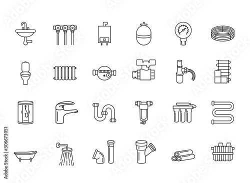 Set of plumbing icons. Plumber, faucet,water filter, piping, septic, bathtub, valve, water meter,tap, sewer, washbasin, restroom,shower stall,sink,bath,washing machine, dishwasher, bidet,water supply