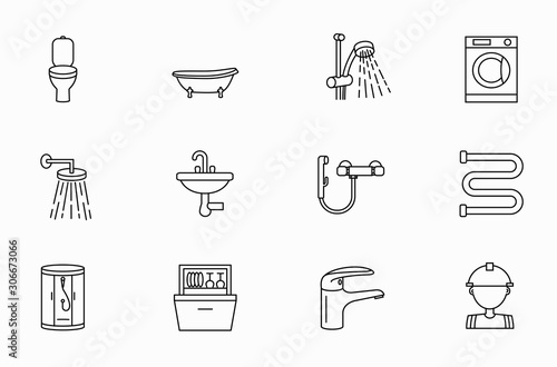 Set of plumbing icons. Plumber, faucet,water, piping, bathtub, valve, tap, sewer, washbasin, restroom, shower stall, sink, bath, washing machine, dishwasher, bidet, sprayer, water supply