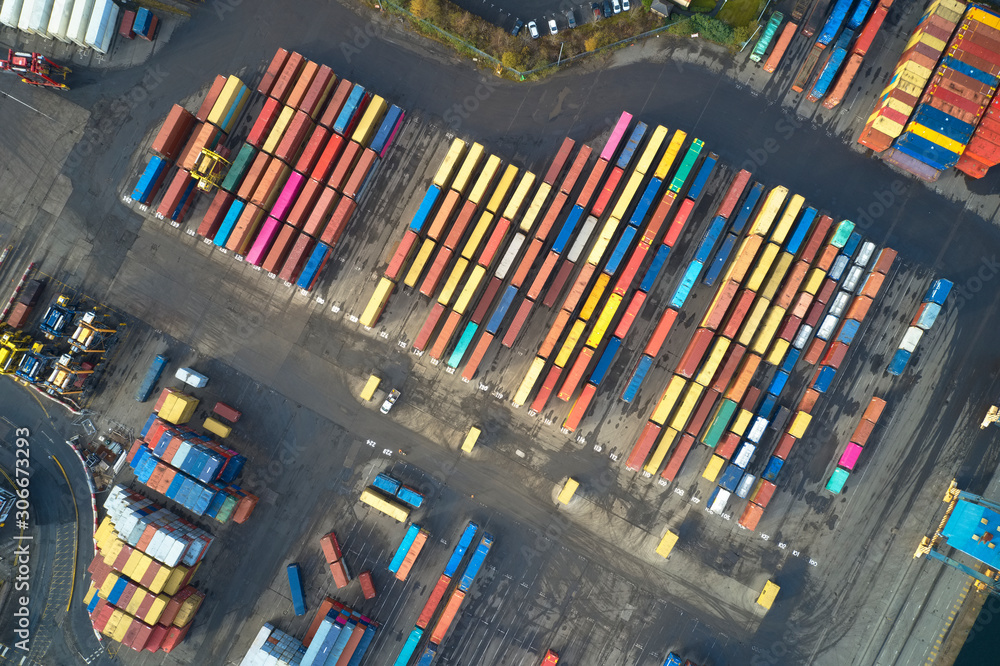 Container store at logistics port terminal for export with multi colour aerial view from above Container store at logistics port terminal for export with multi colour aerial view from above