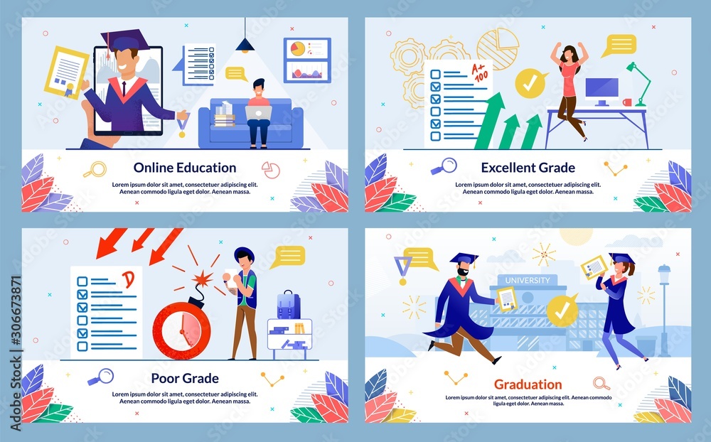 Banner Inscription Online Education, Poor Grade. Excellent Grade, Graduation. Guy Sitting on Couch and Working Laptop, on Smartphone Screen Graduate Uniform Shows Diploma and Smiles.
