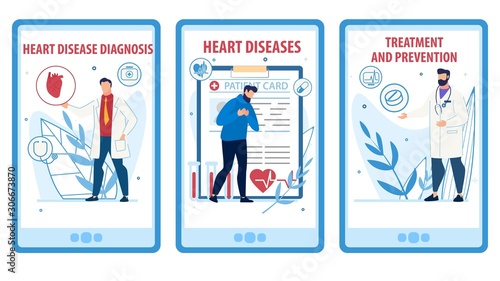Heart Disease Prevention, Diagnosis, Treatment Mobile Webpage Set. Social Media Online Service Landing Page Kit. Cartoon Cardiologist and Patient Suffering from Pain in Chest. Vector Flat Illustration