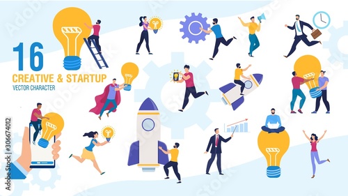 Creative Business People Launching Startup Trendy Flat Vector Characters Set. Businesspeople Female, Male Characters Generating Ideas, Starting Successful Business, Making Inventions Illustration