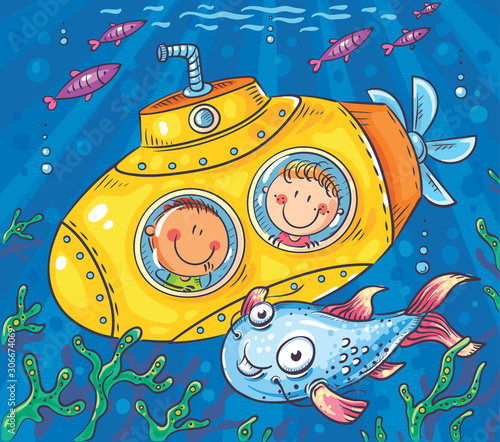 Children in a submarine explore the underwater world