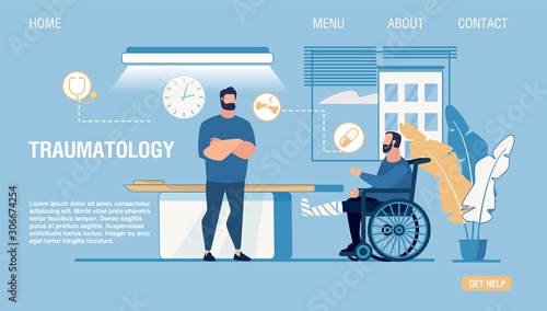 Flat Landing Page for Online Traumatology Medical Center. Patient on Wheelchair with Fractured Injured Leg in Gypsum. Doctor Consulting Treating Man. Telemedicine. Vector Cartoon Illustration