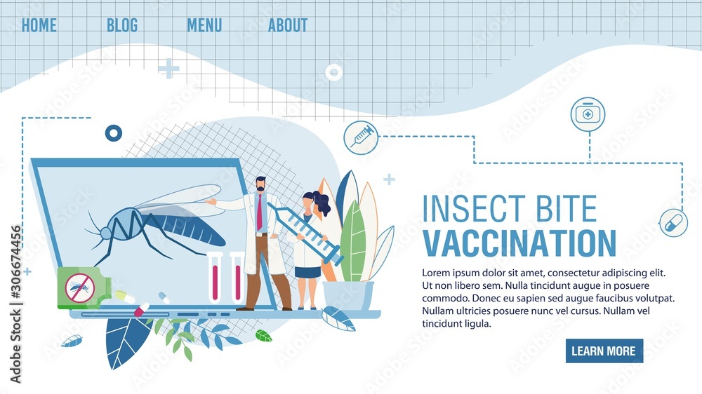 Landing Page for Online Service Offering Insects Bite Vaccination. Cartoon Doctor and Nurse Characters Presenting New Vaccine Protecting Fever, Against Virus from Mosquito. Vector Flat Illustration