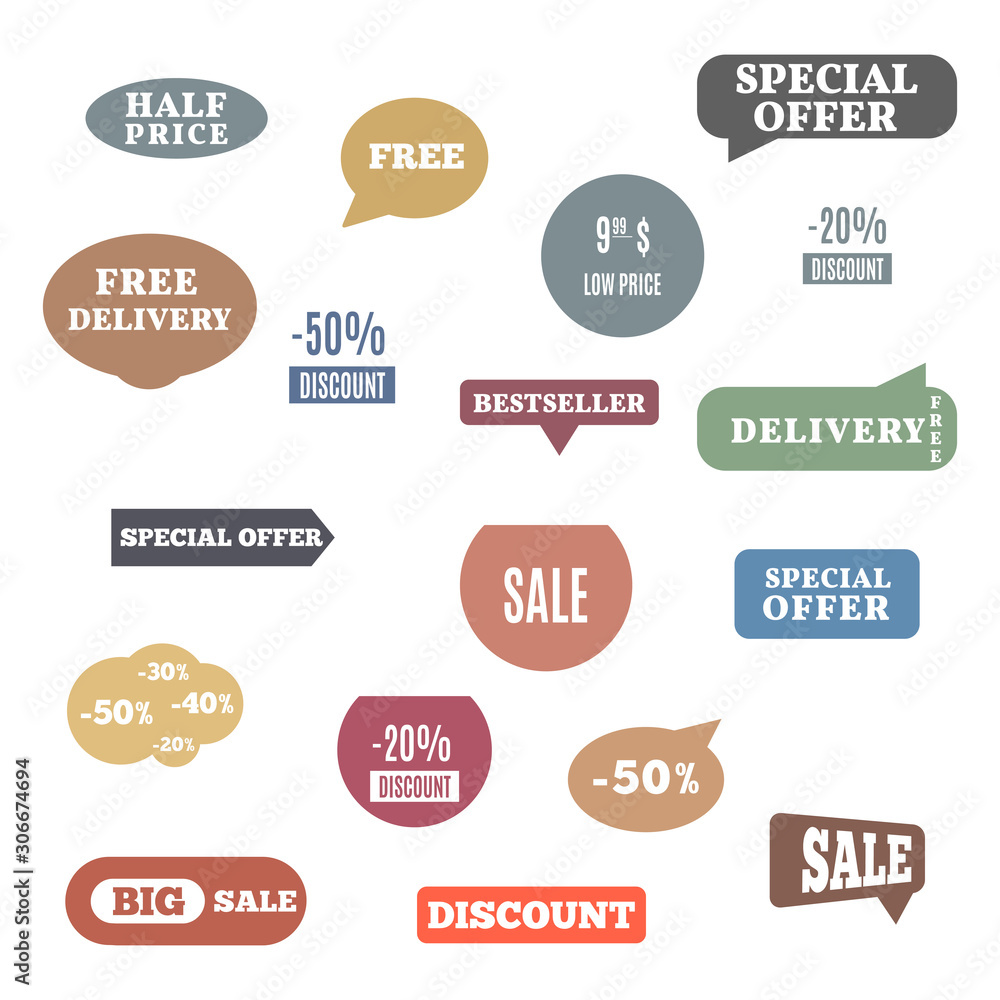 Fototapeta premium Set of colored label of discount and sale, vector illustration.