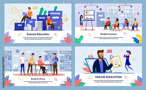 Set Written by Student Lecture, Express Education. Banner Student Library, Online Education. Students Sit in Lecture Hall at Their Desks and Listen to Teachers Woman Showing Diagrams.