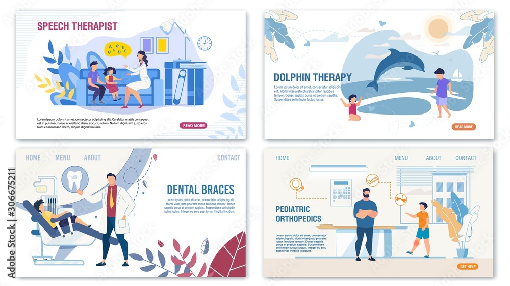 Kids Treatment, Children Diseases and Disorders Landing Page Set. Alternative Medical Methods. Dolphin Therapy, Pediatrics Orthopedics and Dentistry, Speech Recovery. Vector Illustration