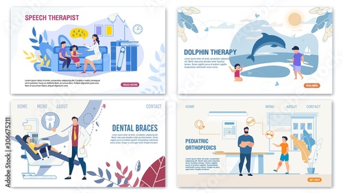 Kids Treatment, Children Diseases and Disorders Landing Page Set. Alternative Medical Methods. Dolphin Therapy, Pediatrics Orthopedics and Dentistry, Speech Recovery. Vector Illustration
