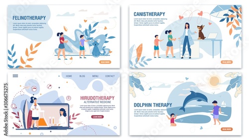 Alternative Medical Treatment Methods Landing Page Flat Set. Felinotherapy, Canistherapy, Hirudotherapy, Dolphin Therapy. Telemedicine. Psychological Recovery. Vector Cartoon Illustration