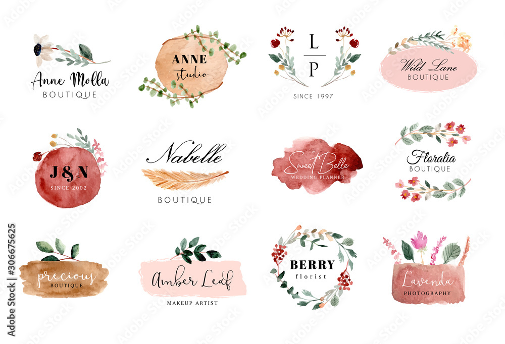 premade logo floral and brush stroke watercolor collection