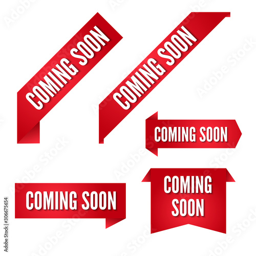 coming soon red vector ribbons collection. Banners set