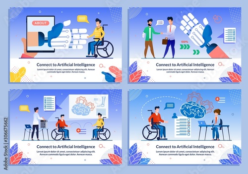 Connect to Artificial Intelligence Banner Set. Robotic Arm, Human Hand, Mobile Assistant for Disabled People. Innovation, Future Engineering and High Technology. Vector Cartoon Illustration