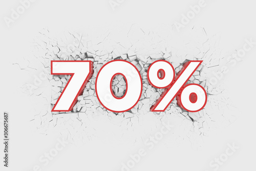 70% Discount 3d Sign breking wall. Special Offer Discount Tag. 3D illustration photo