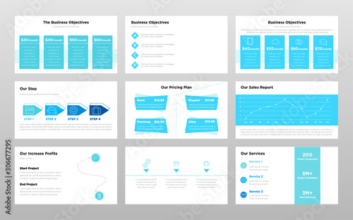 Aqua blue and white colored business concept power point presentation pages template design