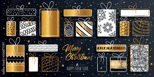 Merry Christmas greeting card set with golden text elements and modern hand drawn present. Vector illustration.