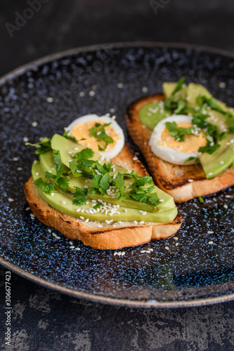 Tasty sandwich with avocado and egg on a dark blue plate. served on fried bread with avacado, egg, basil, sesame seeds and olive oil.