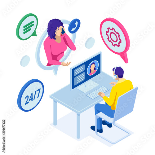 Isometric customer service. Customer and Operator. Customer service agent sitting at the office. Online global technical support 24/7